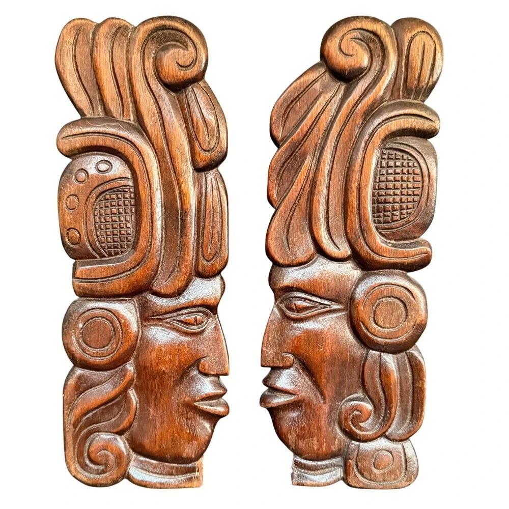 Vintage Honduras Hand Carved Wood Mayan Aztec Face Wall Art Plaques Pair 10.5